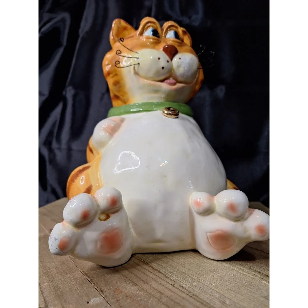 Vintage DCI Jim Orange 1990s Cat Ceramic Cookie Jar Green Collar Wire Whiskers